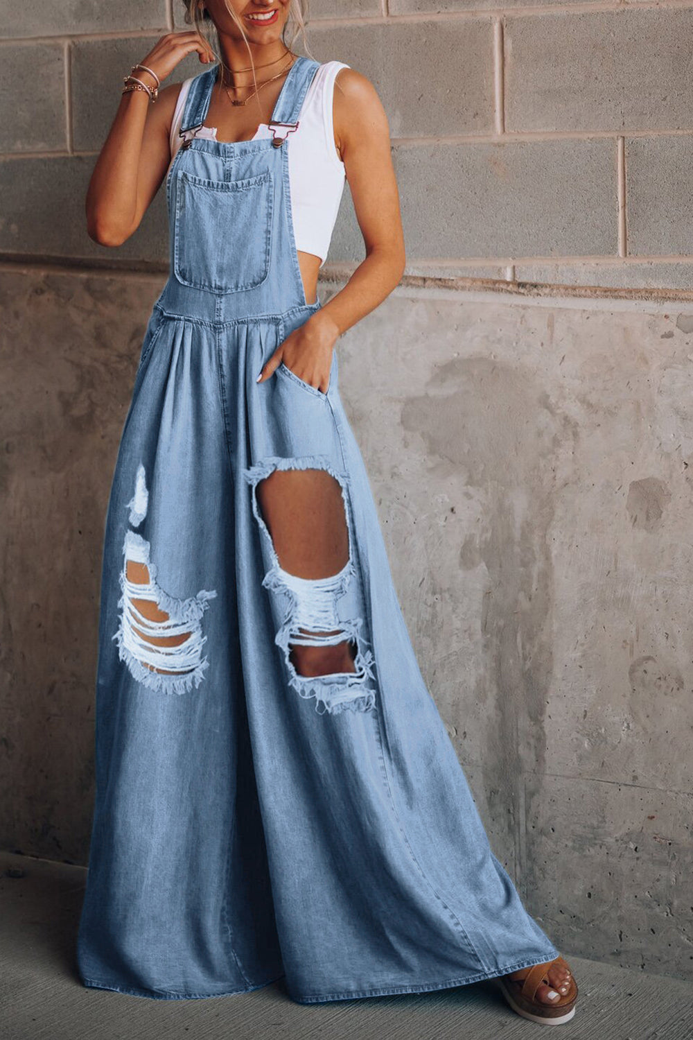 Distressed Wide Leg Denim Overalls - Luxe4Everyday Overalls