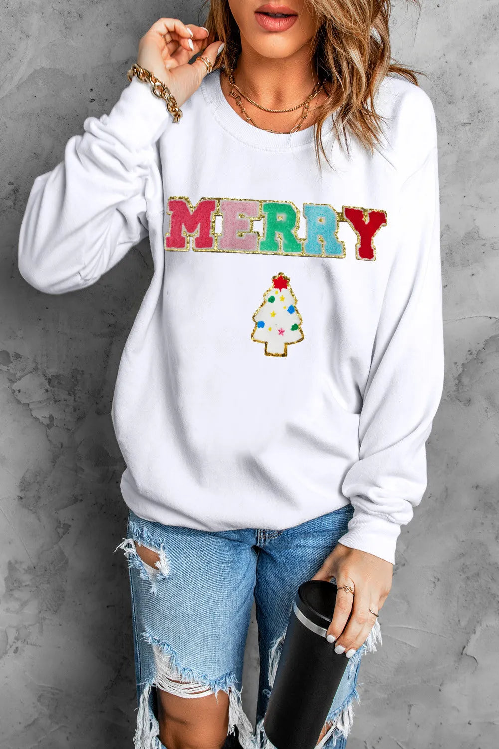 MERRY Round Neck Long Sleeve Sweatshirt - Luxe4Everyday White / S Sweatshirt