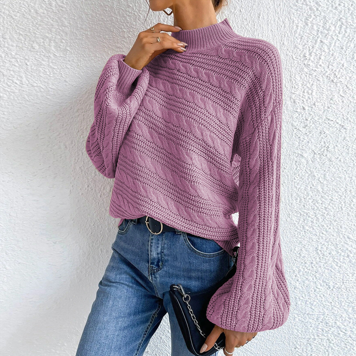 Cable-Knit Mock Neck Long Sleeve Sweater - Luxe4Everyday Sweater