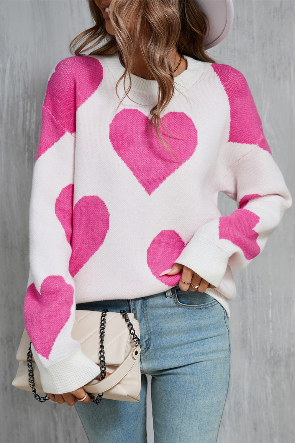 Angel Wings Contrast Heart Dropped Shoulder Long Sleeve Sweater - Luxe4Everyday White / S Sweater