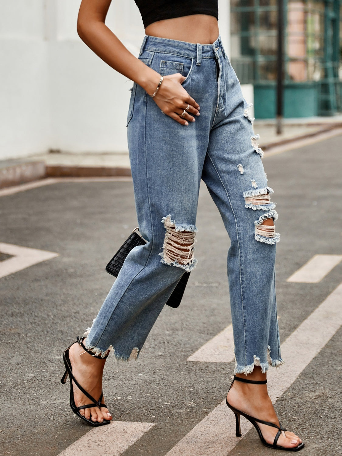 Distressed Raw Hem Jeans with Pockets - Luxe4Everyday Jeans