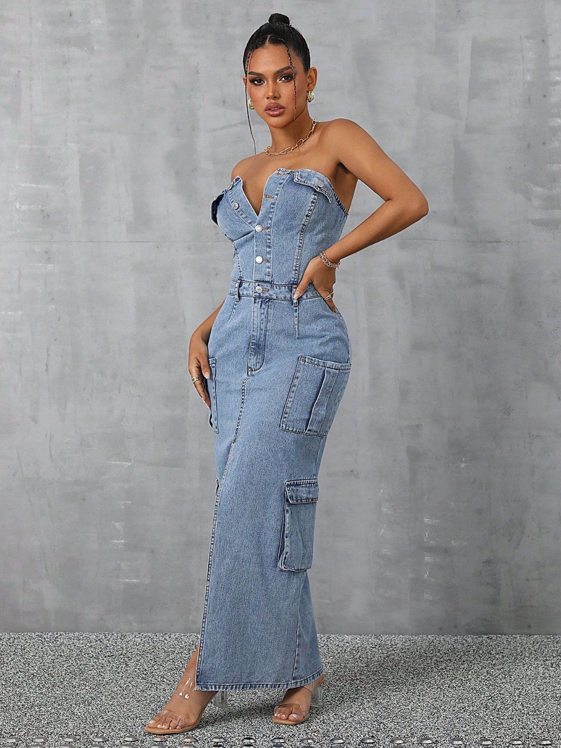 Slit Half Button Tube Denim Dress - Luxe4Everyday Light / S Dress