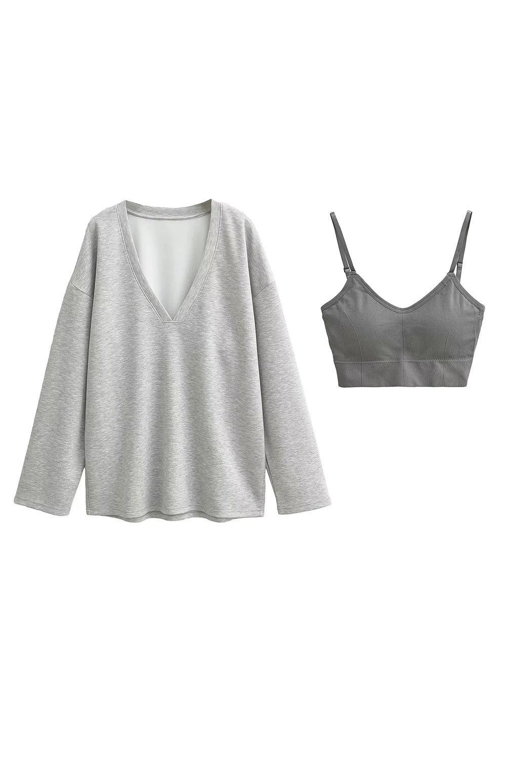 Basic Bae V-Neck Dropped Shoulder Long Sleeve Sweatshirt with Bra - Luxe4Everyday Sweater