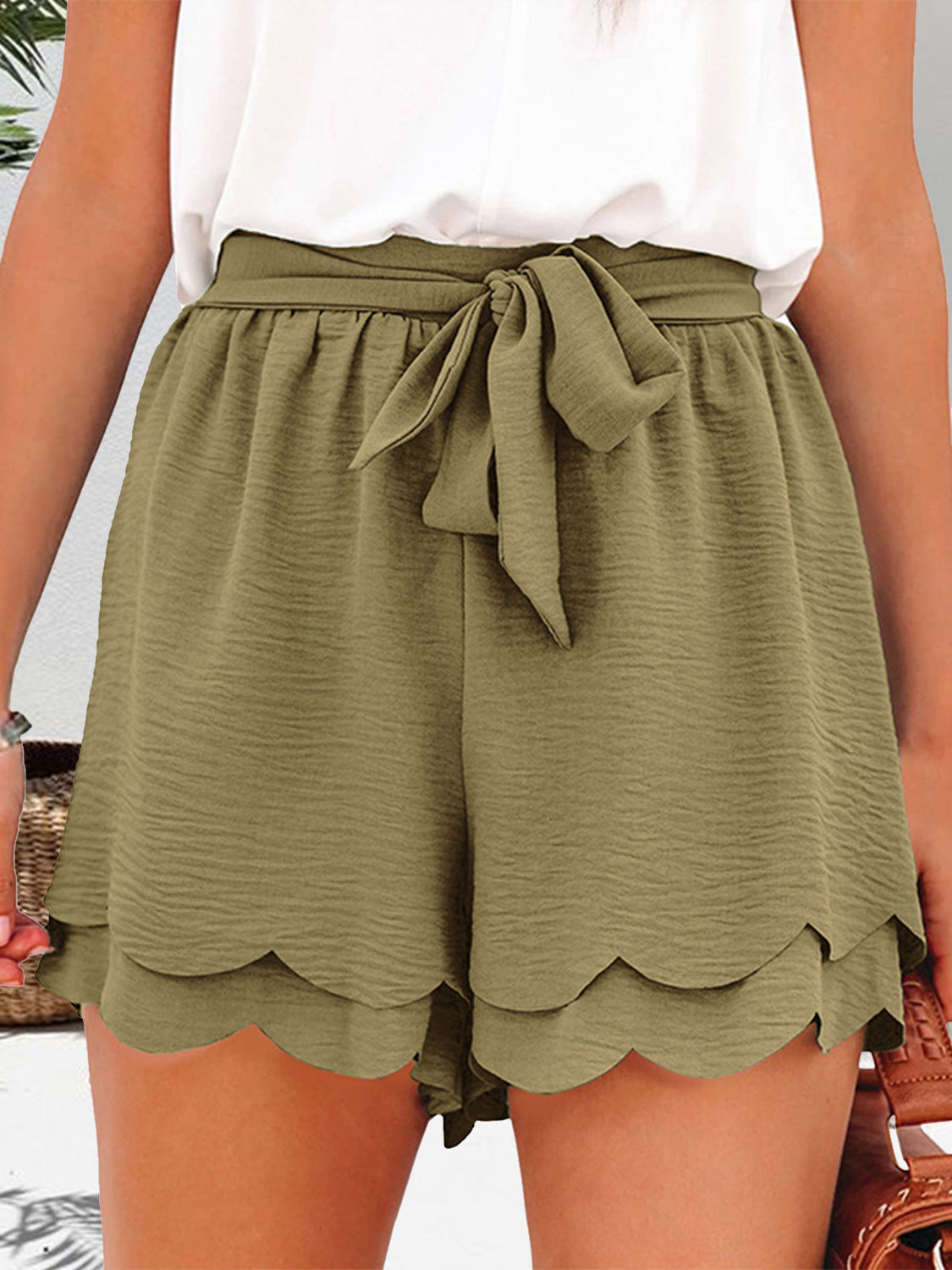 Tied Layered Scalloped Hem Shorts - Luxe4Everyday Moss / S Shorts