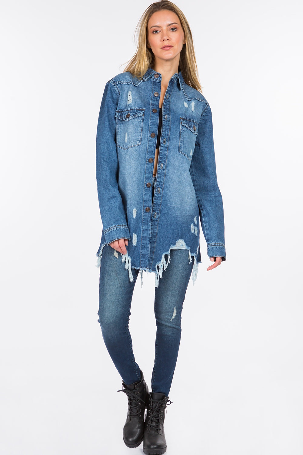 American Bazi Distressed Frayed Hem Denim Jacket - Luxe4Everyday Jacket