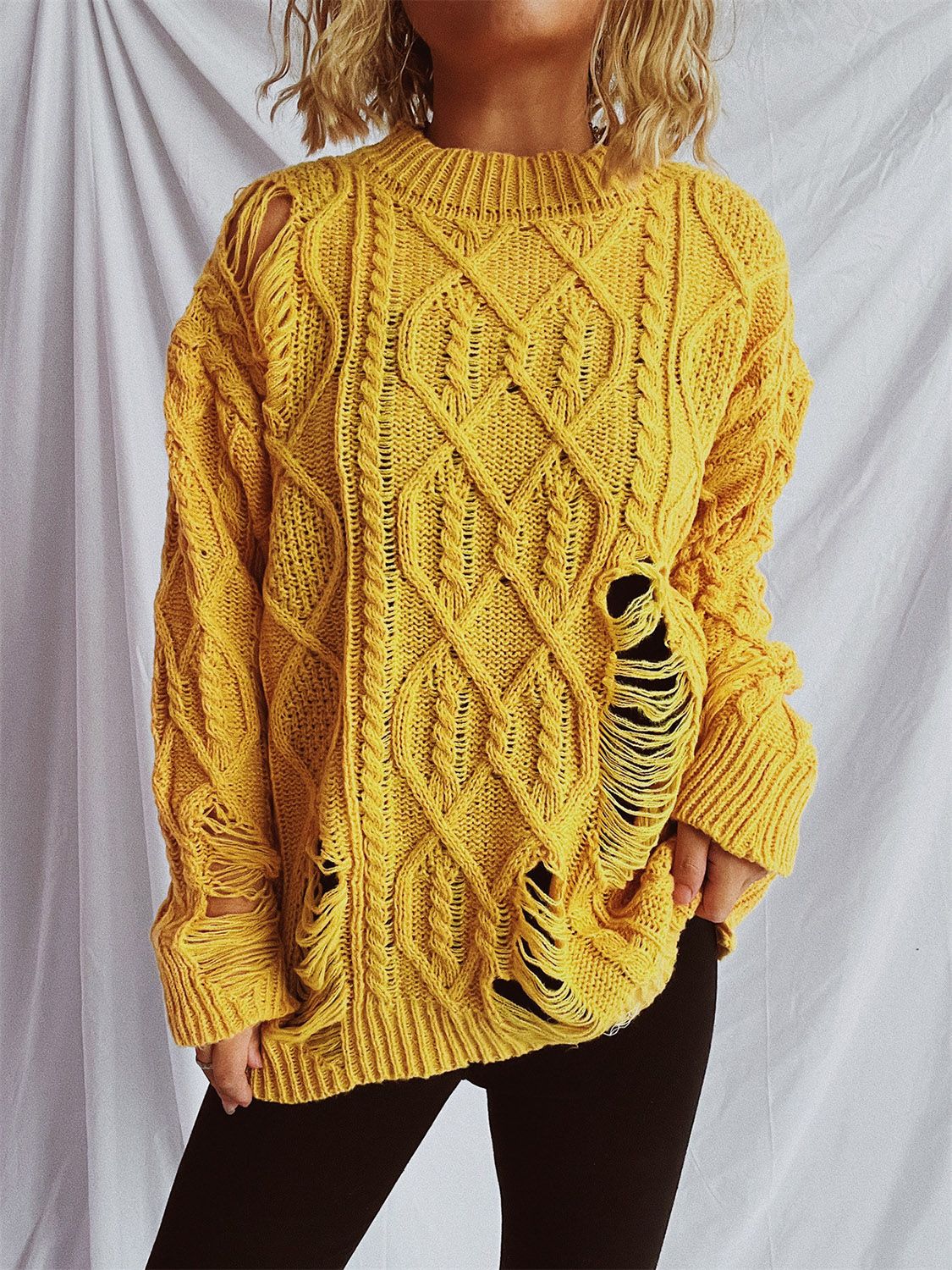 Distressed Cable-Knit Round Neck Long Sleeve Sweater - Luxe4Everyday Sweater