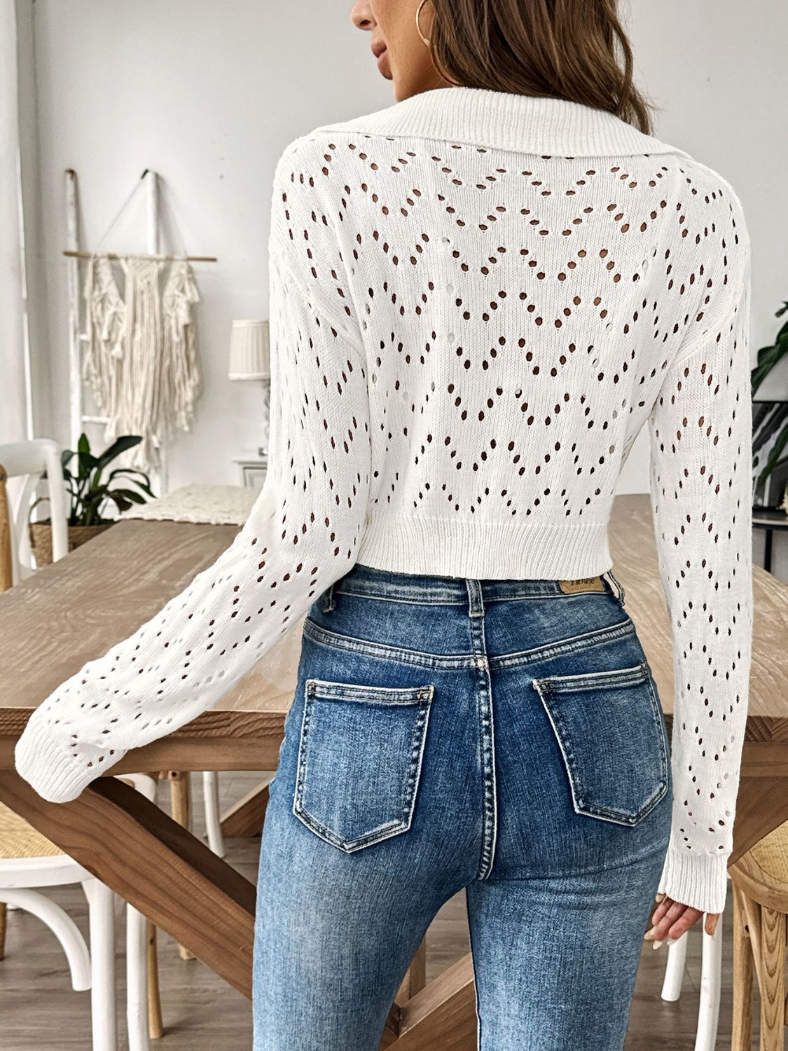 Openwork Collared Neck Long Sleeve Knit Top - Luxe4Everyday Sweater