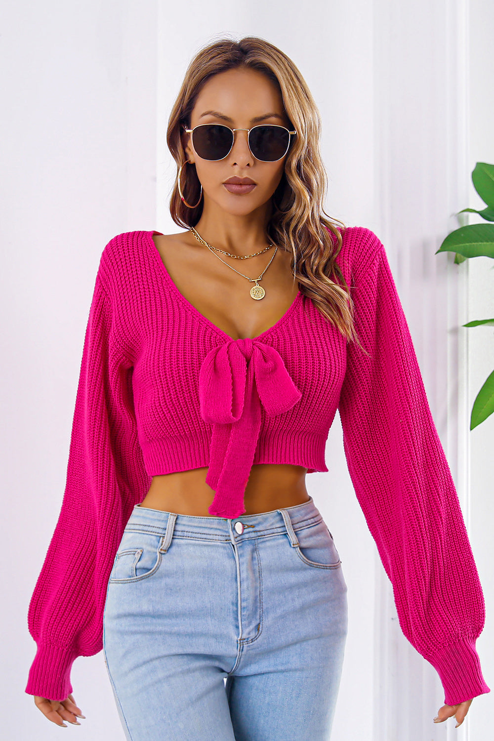 Bow V-Neck Long Sleeve Cropped Sweater - Luxe4Everyday Sweater