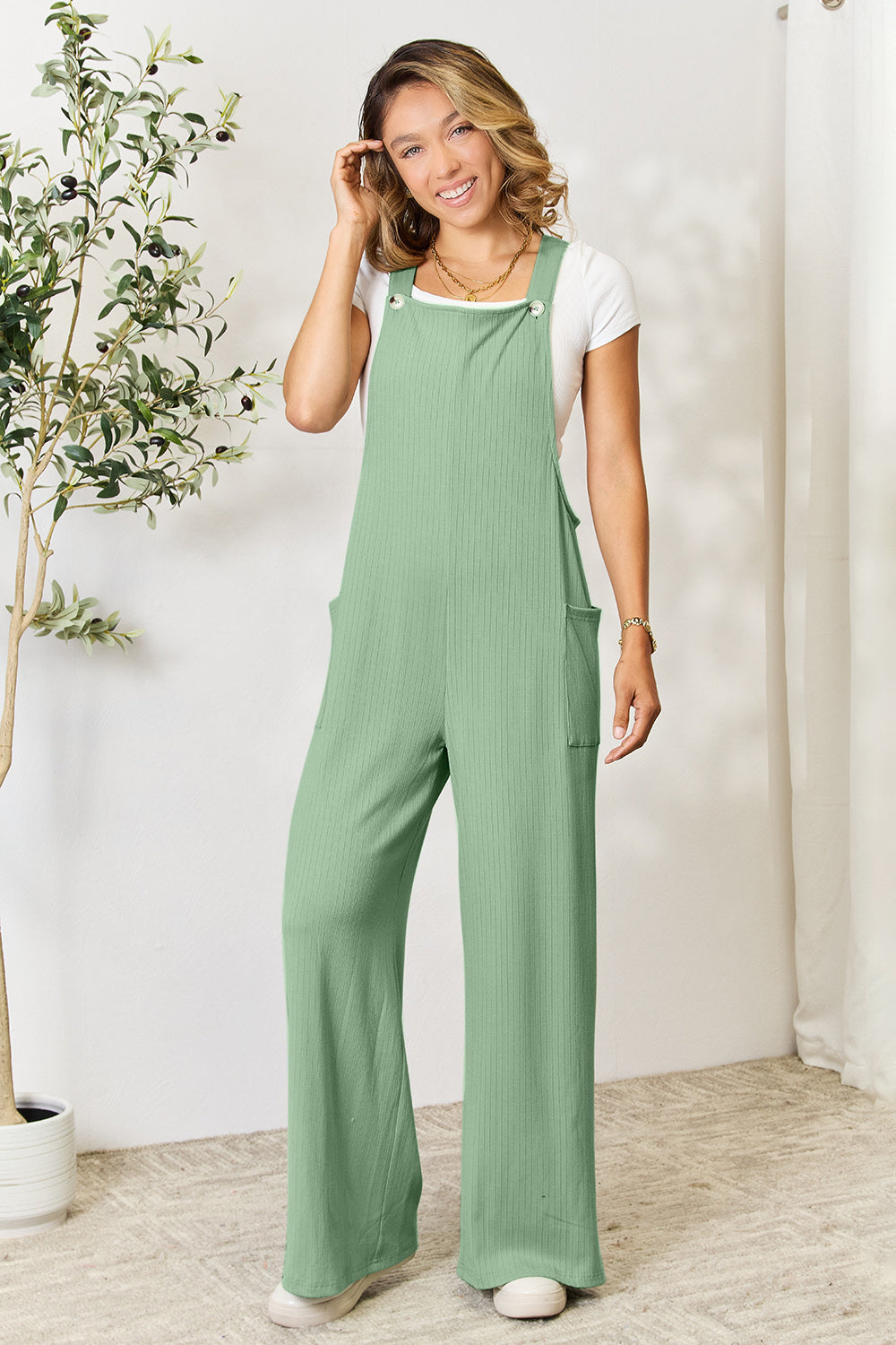 Double Take Full Size Wide Strap Overall with Pockets - Luxe4Everyday Gum Leaf / S Overalls