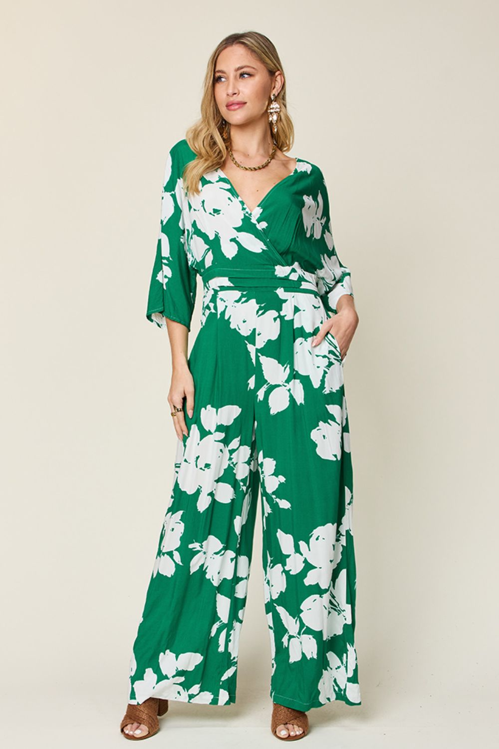 Double Take Full Size Printed Tie Back Wide Leg Jumpsuit - Luxe4Everyday Green / S Jumpsuit