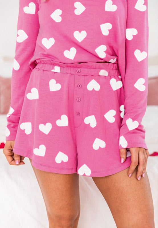 Heart Round Neck Long Sleeve Top and Elastic Waist Shorts Set - Luxe4Everyday Hot Pink / S Lounge wear