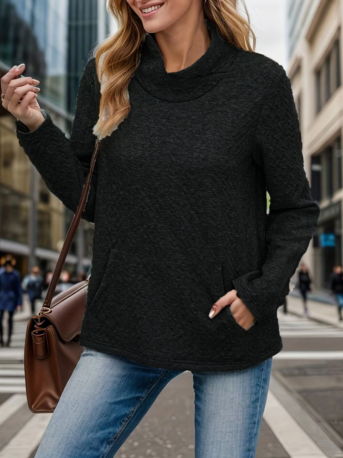 Pocketed Turtleneck Long Sleeve Sweatshirt - Luxe4Everyday Black / S Sweater