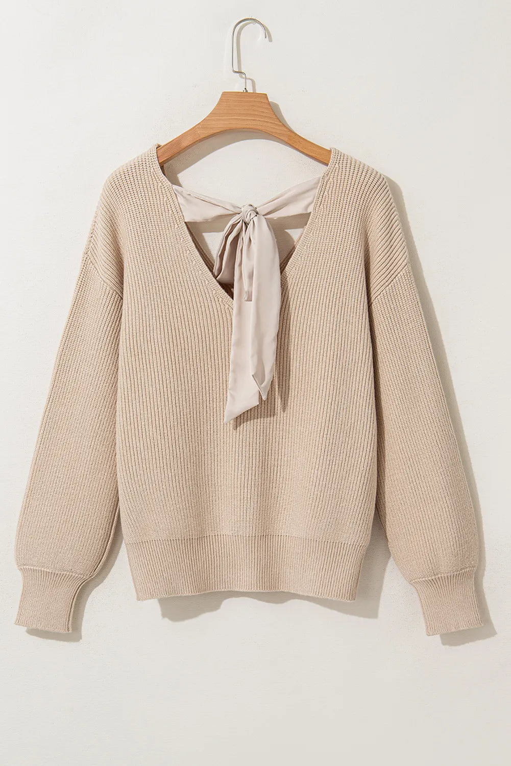 Tied V-Neck Long Sleeve Sweater - Luxe4Everyday Tan / S Sweater