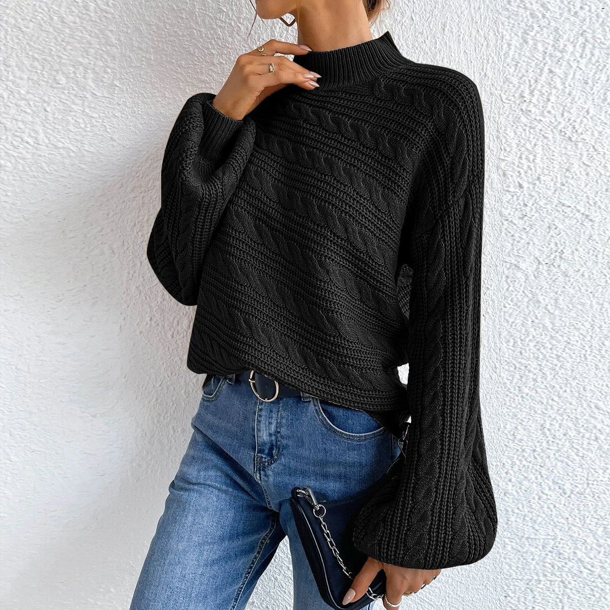 Cable-Knit Mock Neck Long Sleeve Sweater - Luxe4Everyday Sweater