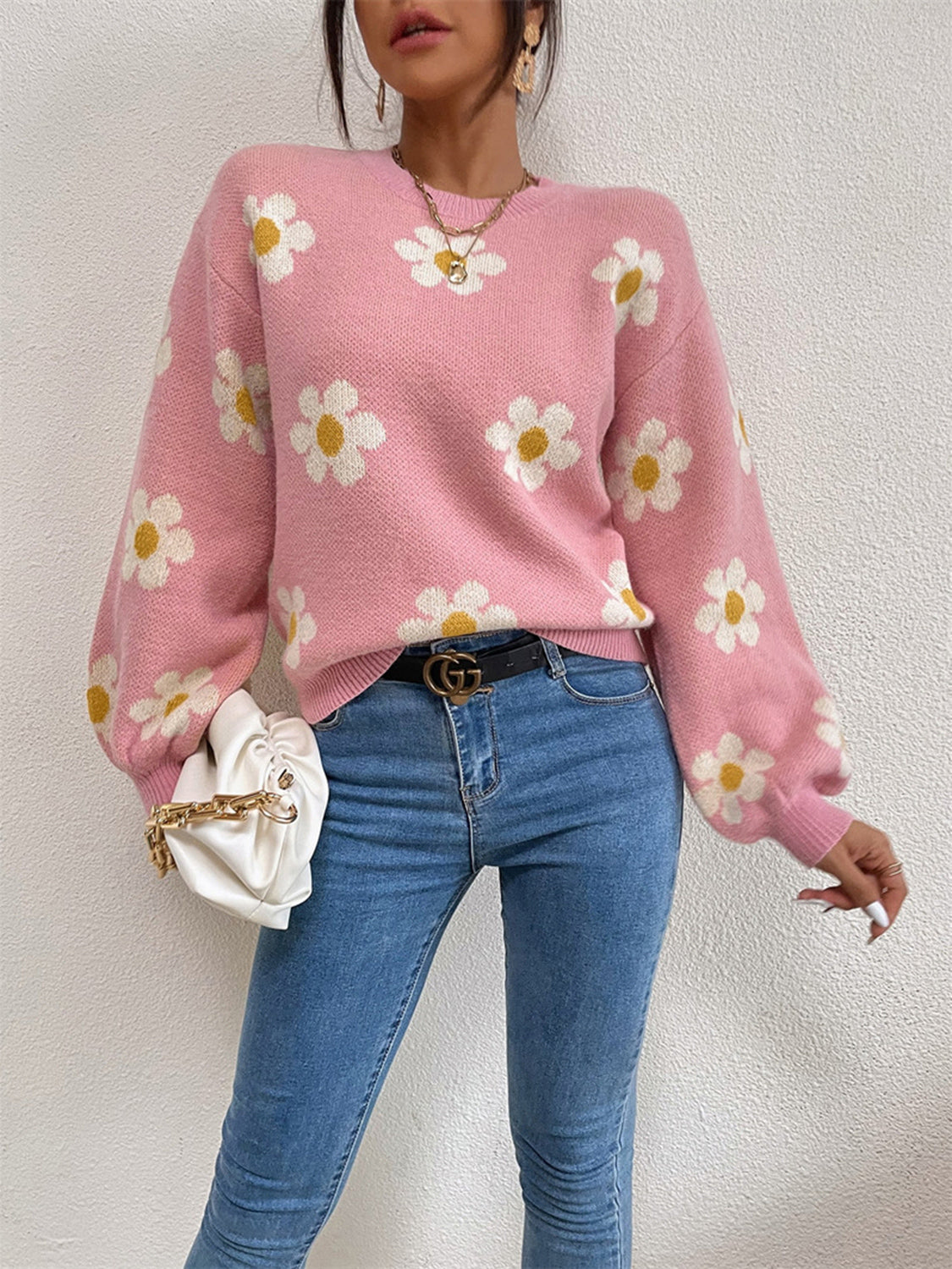 Flower Round Neck Latern Sleeve Sweater - Luxe4Everyday Sweater