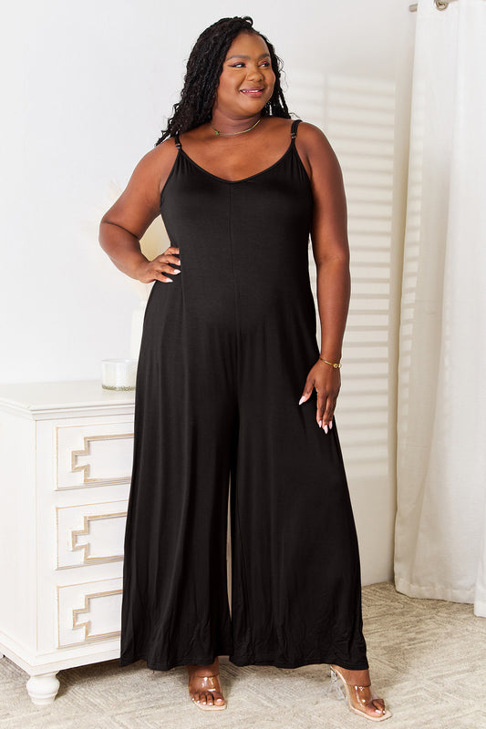 Double Take Full Size Soft Rayon Spaghetti Strap Tied Wide Leg Jumpsuit - Luxe4Everyday Black / S Jumpsuit