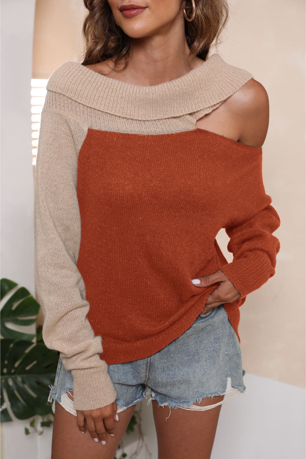 Asymmetrical Long Sleeve Two-Tone Cutout Sweater - Luxe4Everyday Sweater