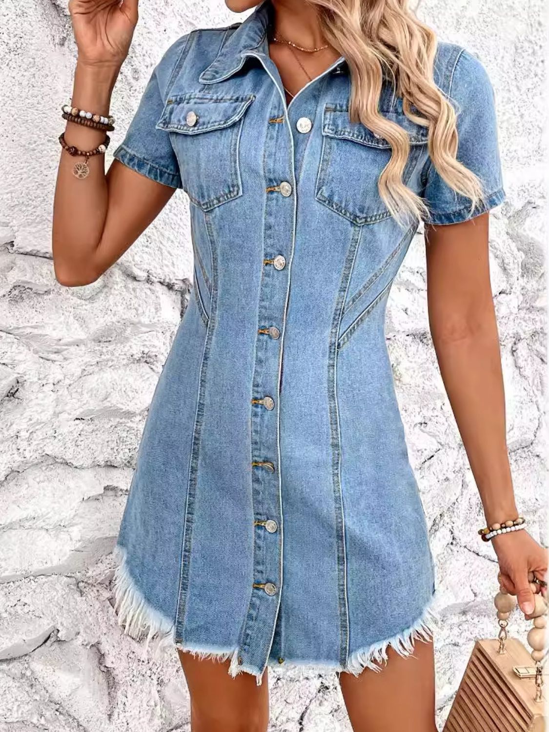 Raw Hem Button Up Short Sleeve Denim Dress - Luxe4Everyday Light / XS Dress