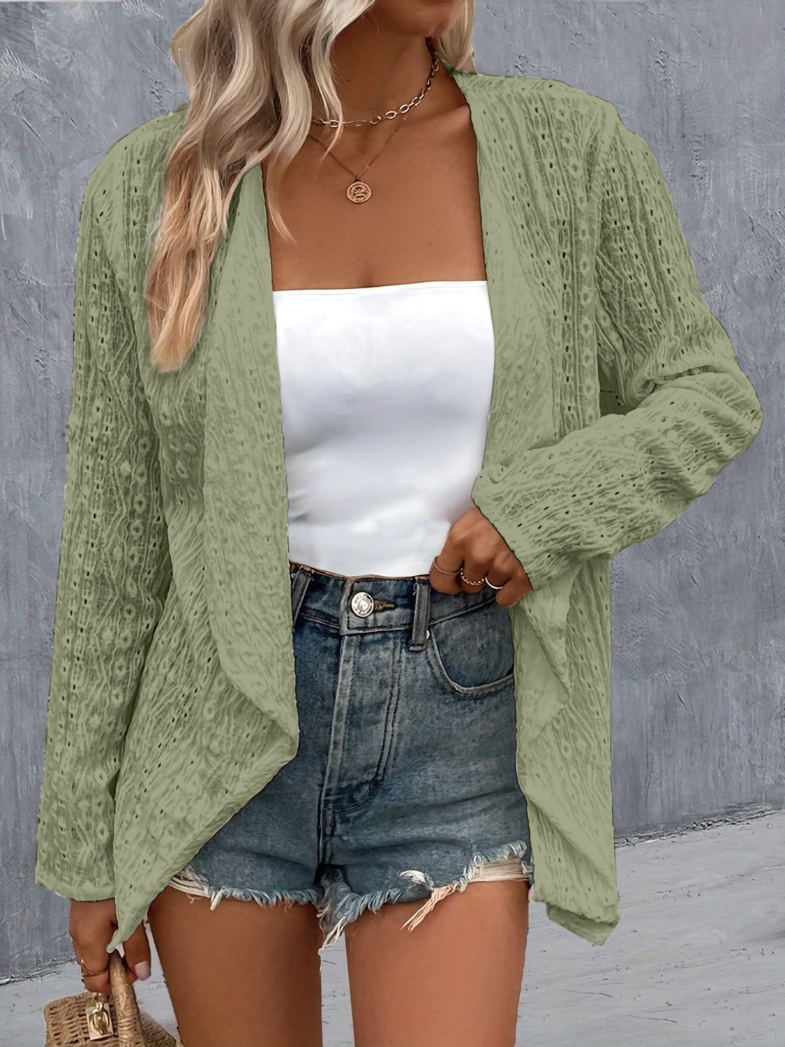 Eyelet Roll-Tab Sleeve Cardigan - Luxe4Everyday Jacket