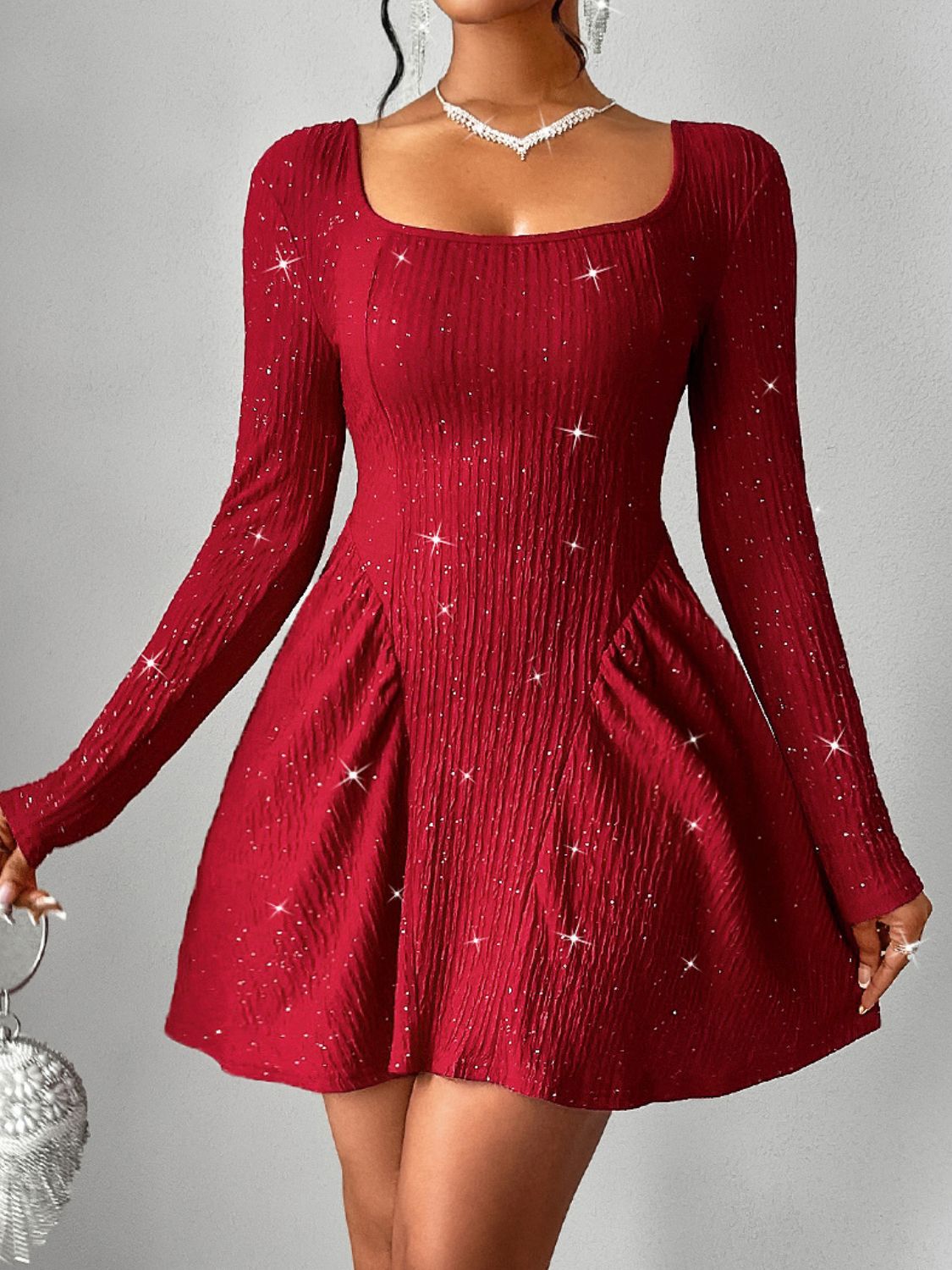 Backless Glitter Square Neck Long Sleeve Mini Dress - Luxe4Everyday Deep Red / M Dress