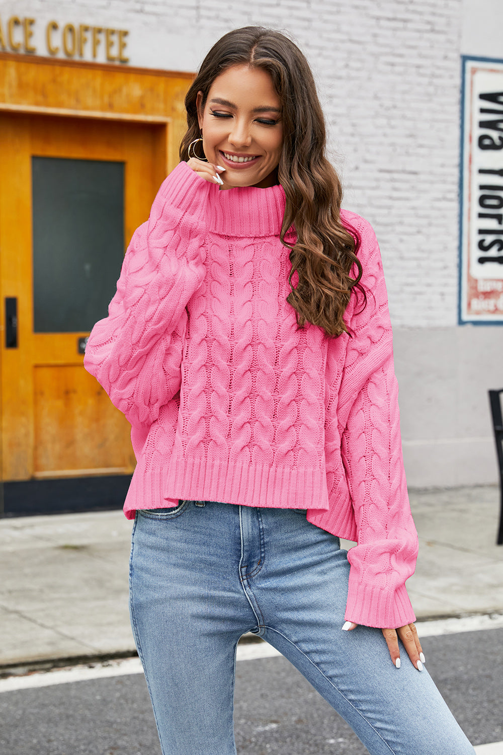 Turtleneck Cable-Knit Long Sleeve Sweater - Luxe4Everyday Hot Pink / S Sweater