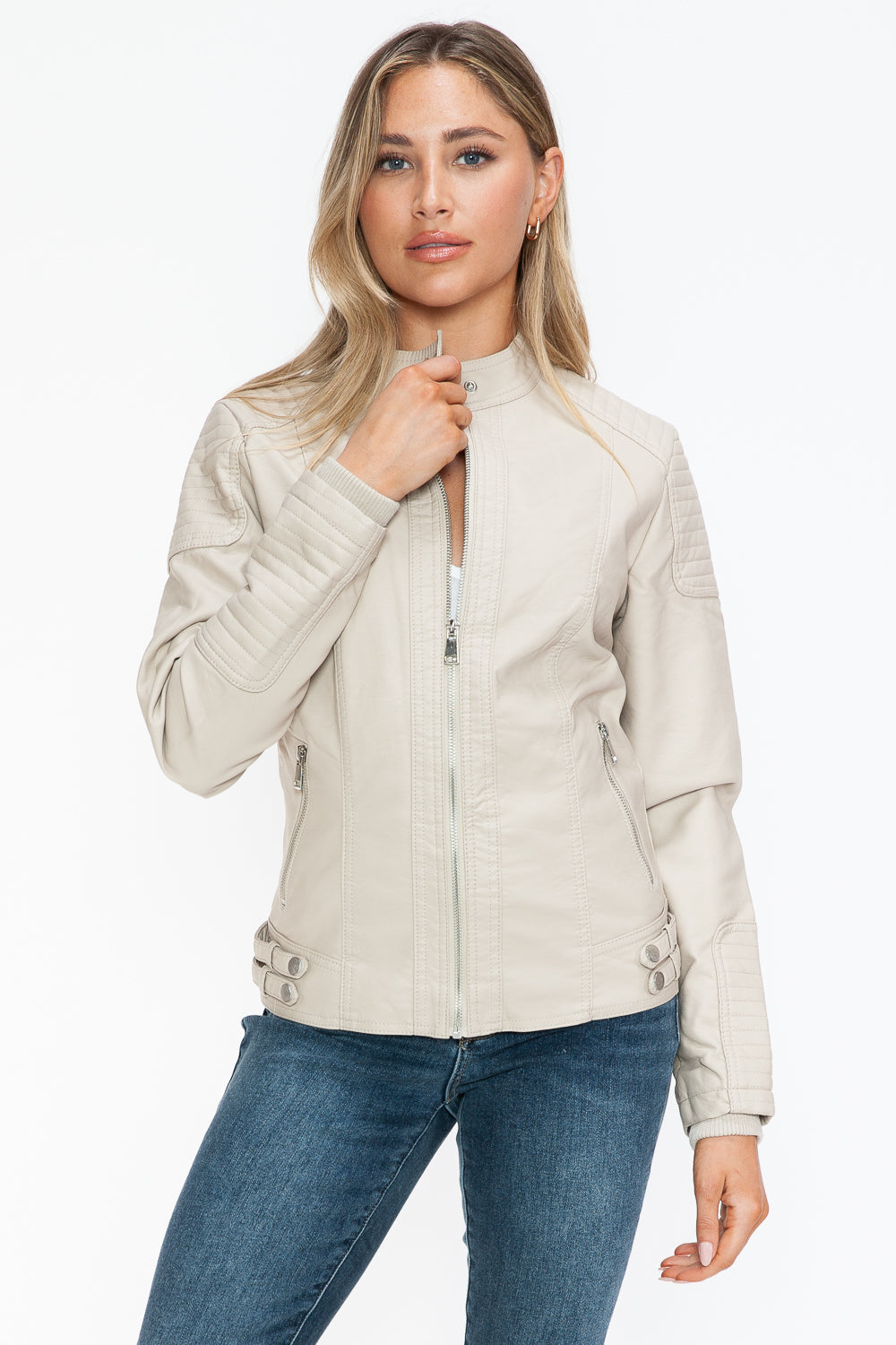 Snobbish Faux Leather Biker Jacket with Side Zip Pockets - Luxe4Everyday Sand / S Jacket