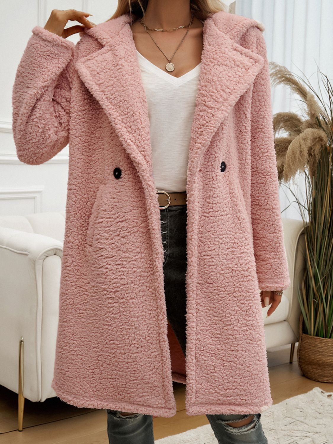 Devine Pocketed Long Sleeve Hooded Teddy Coat - Luxe4Everyday Dusty Pink / S Coat