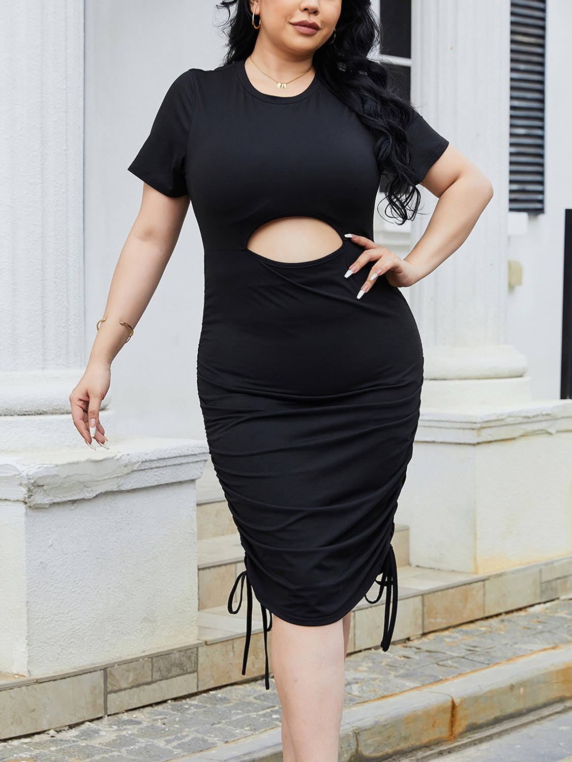 Plus Size Cutout Ruched Round Neck Short Sleeve Dress - Luxe4Everyday Black / 1XL Dress