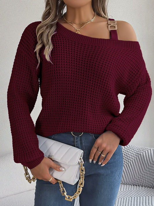 Asymmetrical Neck Long Sleeve Sweater - Luxe4Everyday Wine / S Sweater