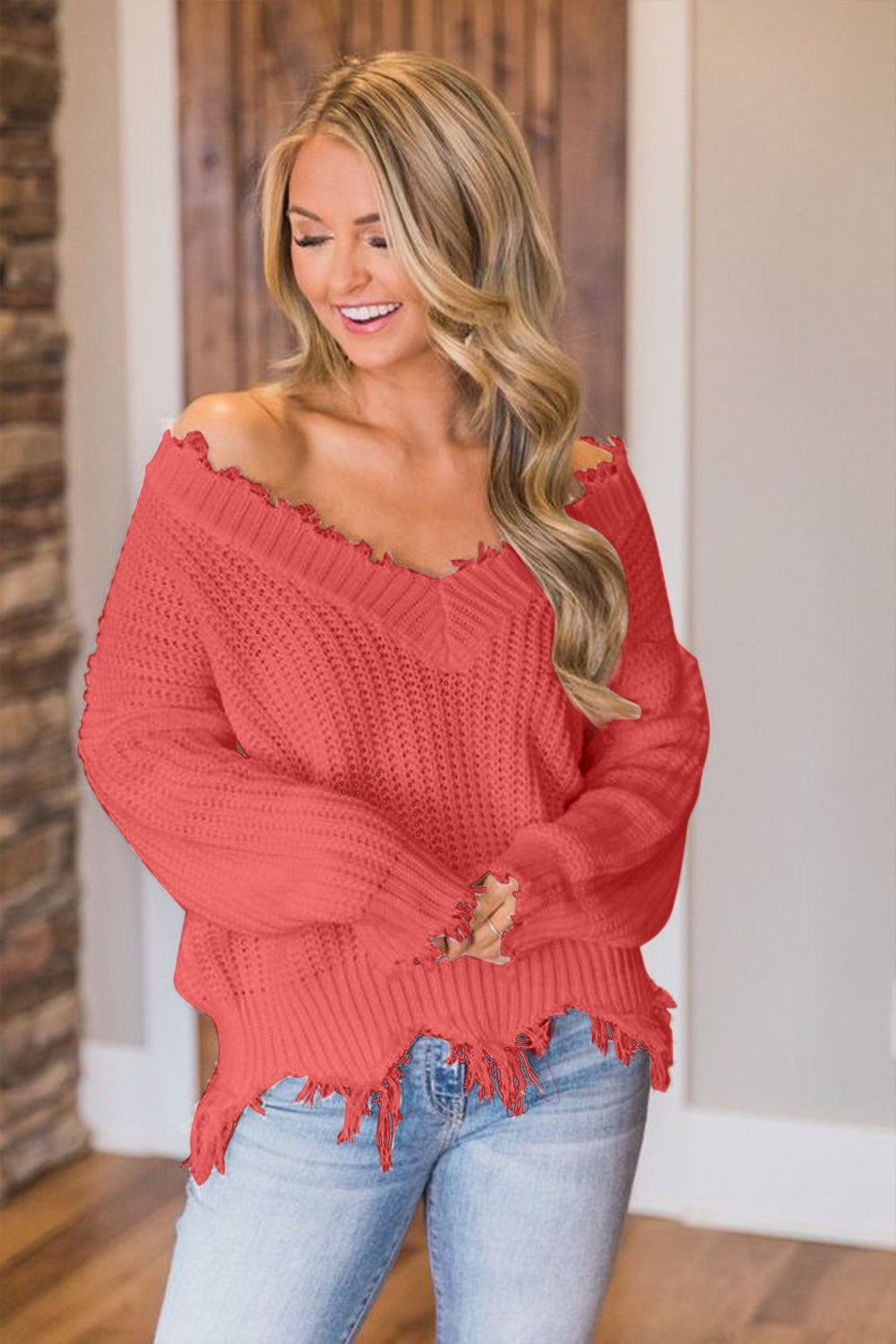 Frayed Hem Dropped Shoulder Sweater - Luxe4Everyday Sweater