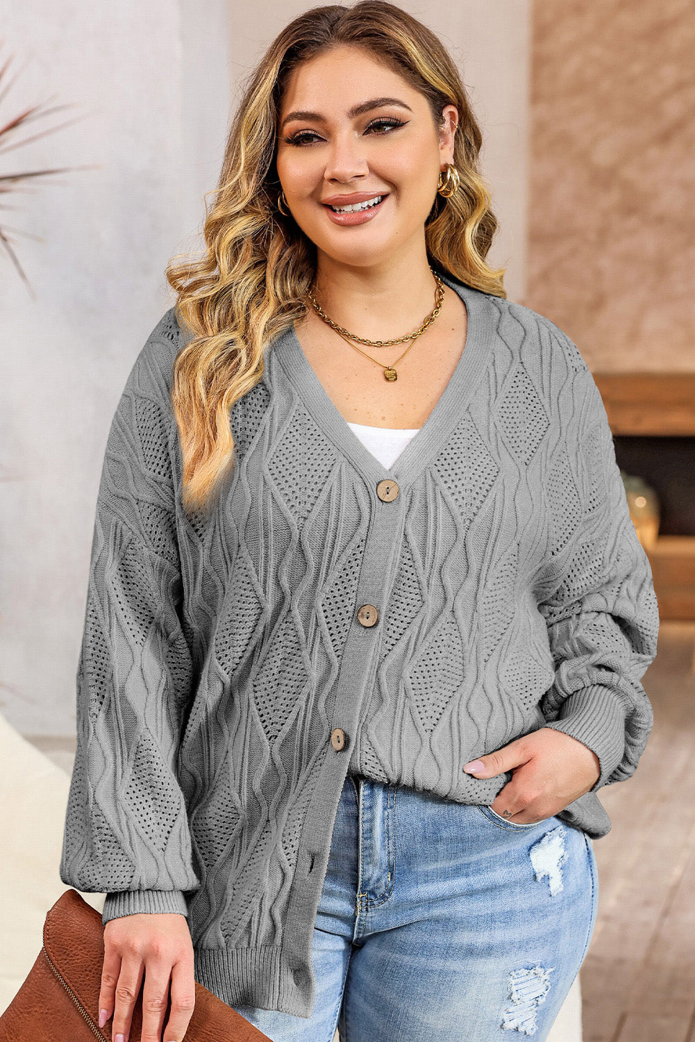 Plus Size Cable-Knit Button Up Sweater - Luxe4Everyday Cloudy Blue / 1XL Cardigan