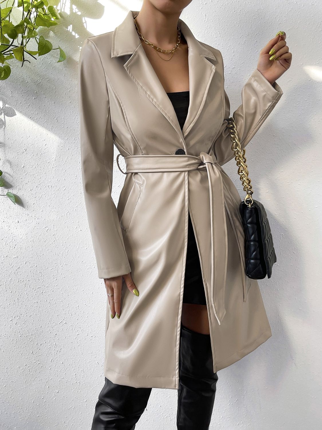 Tied PU Leather Long Sleeve Trench Coat - Luxe4Everyday Beige / S Coat