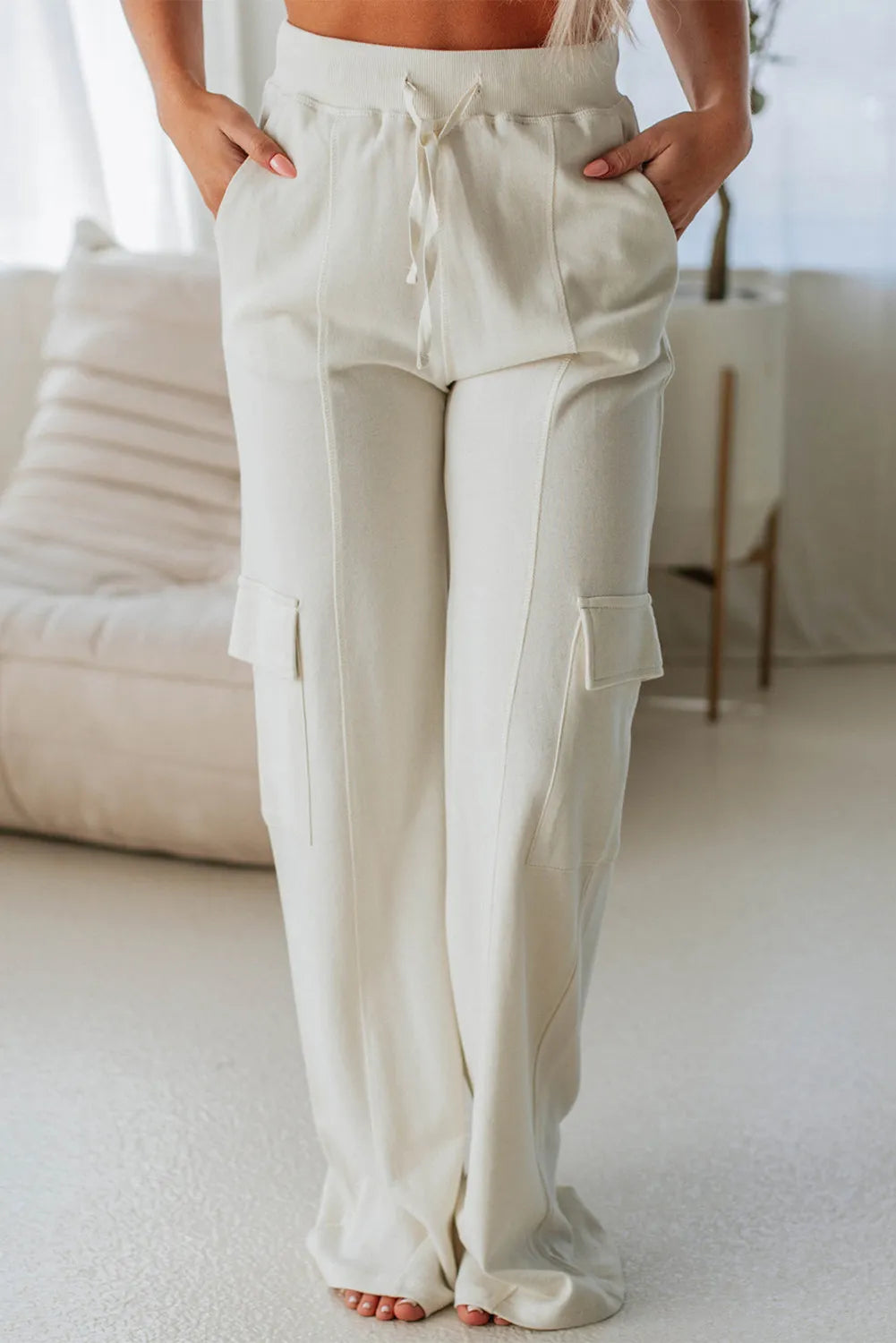 Drawstring High Waist Pants with Pockets - Luxe4Everyday Ivory / S Pants