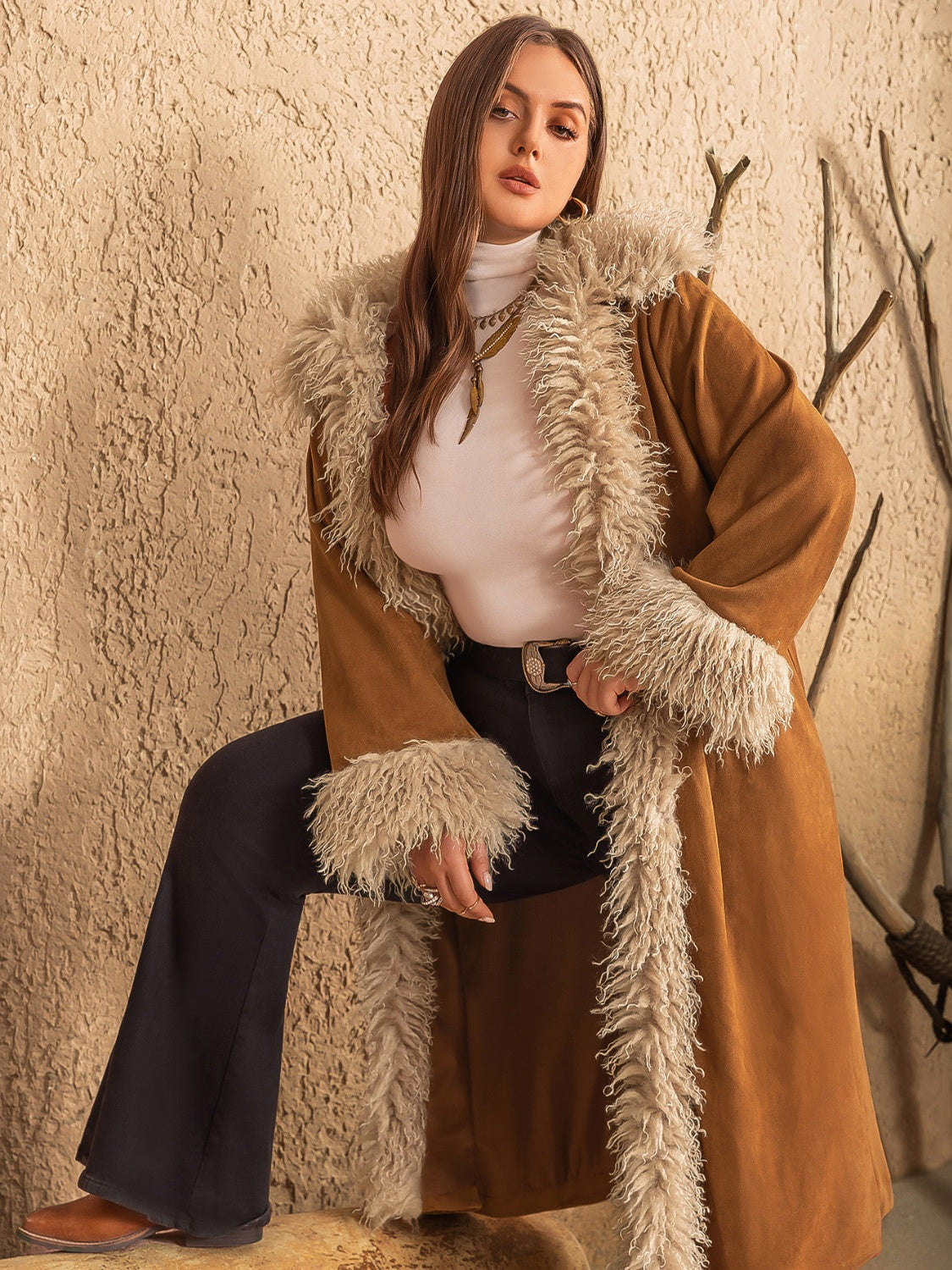 Plus Size Open Front Long Sleeve Coat - Luxe4Everyday Caramel / 0XL Coat