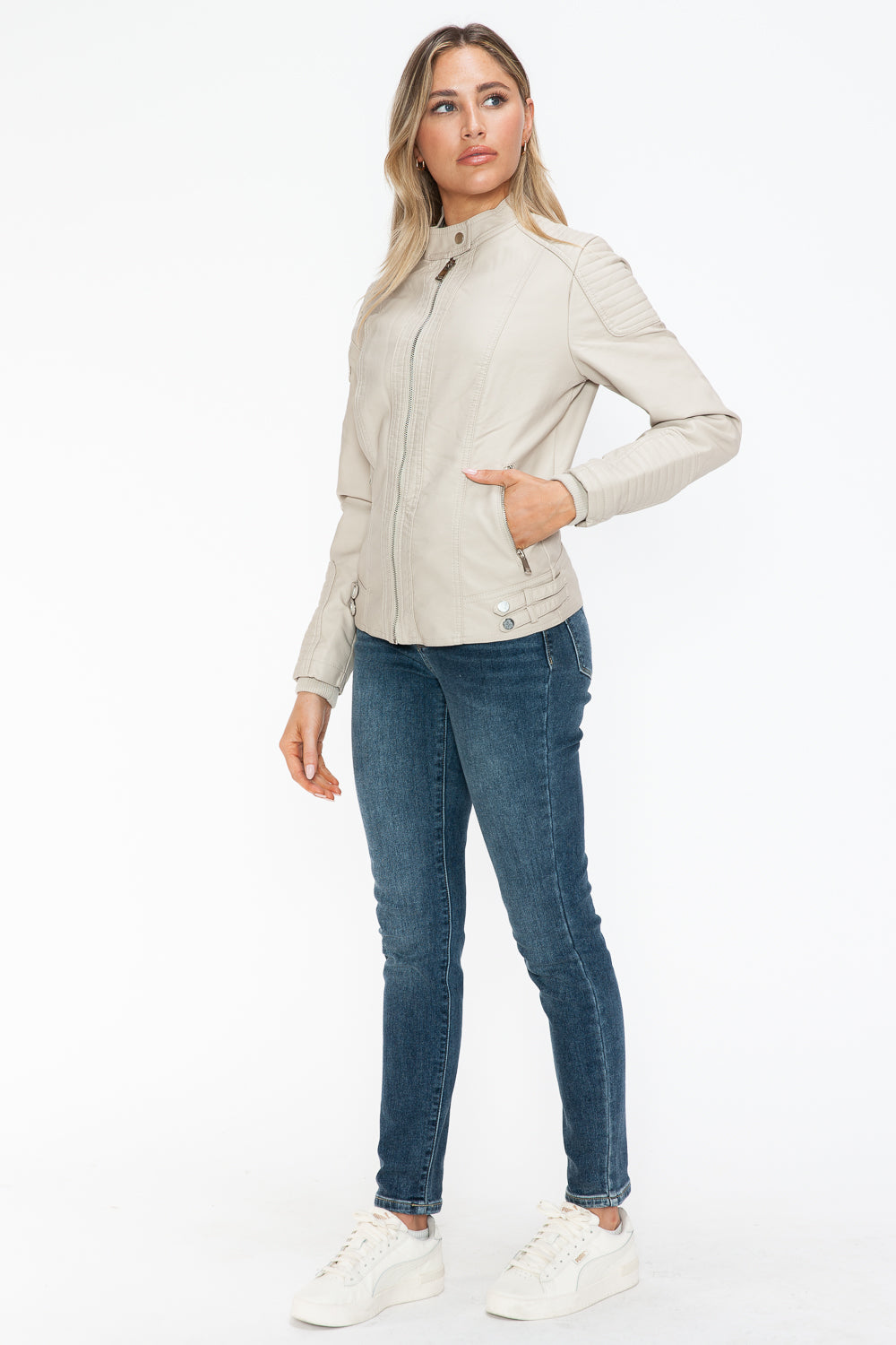 Snobbish Faux Leather Biker Jacket with Side Zip Pockets - Luxe4Everyday Sand / S Jacket