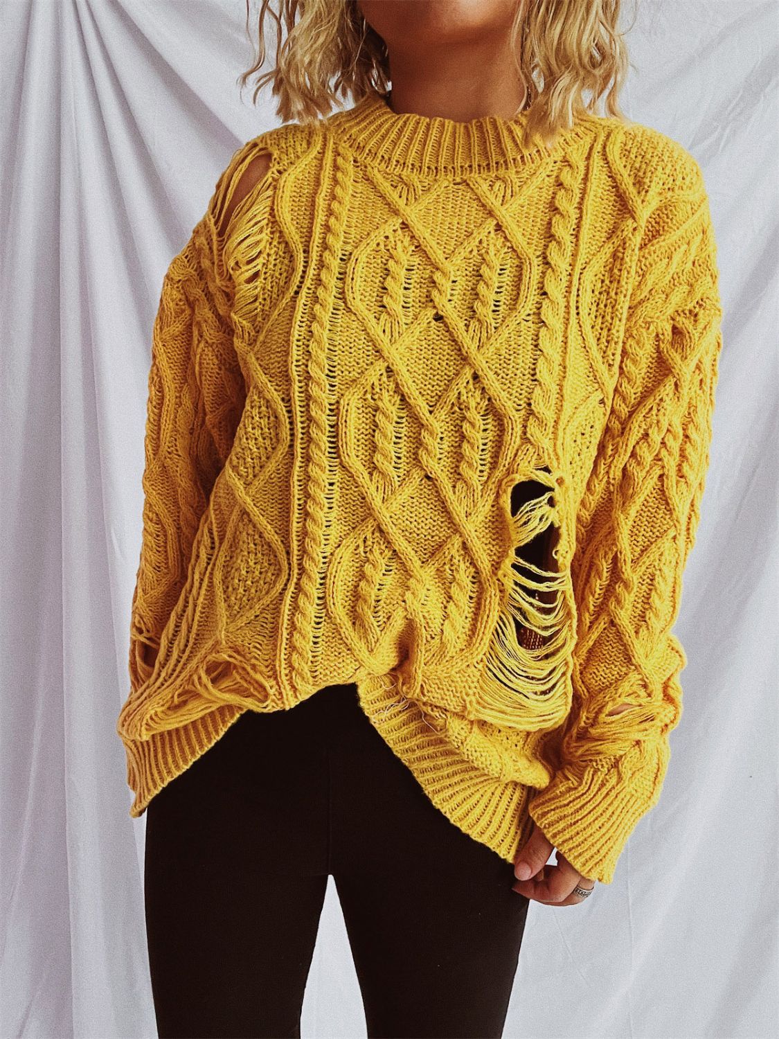 Distressed Cable-Knit Round Neck Long Sleeve Sweater - Luxe4Everyday Mustard / One Size Sweater