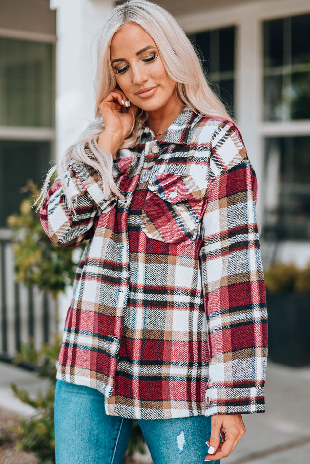 Plaid Button Front Shirt Jacket with Breast Pockets - Luxe4Everyday Blue / S Jacket