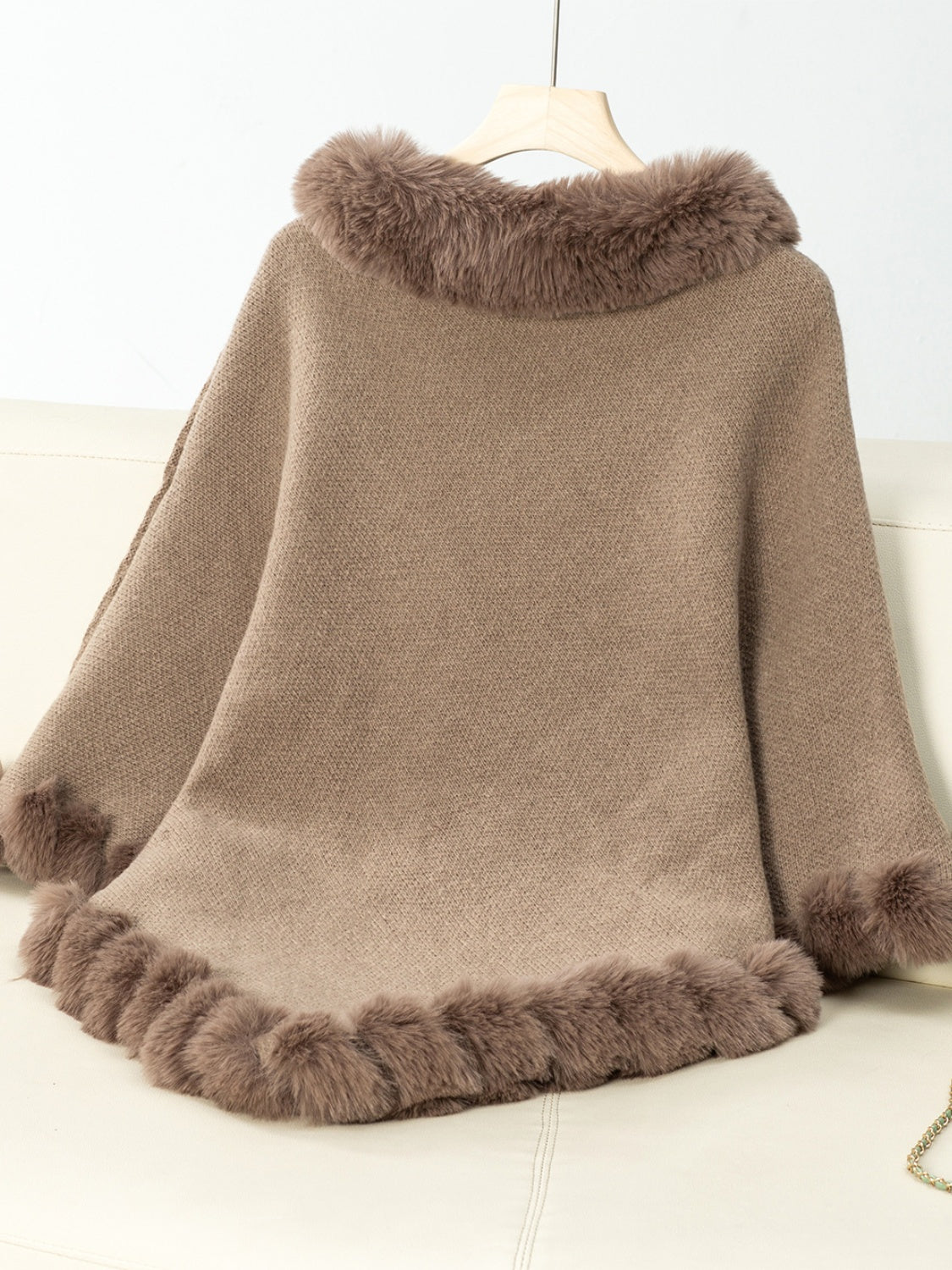 Fuzzy Trim Texture Three-Quarter Sleeve Poncho - Luxe4Everyday Beige / One Size Jacket