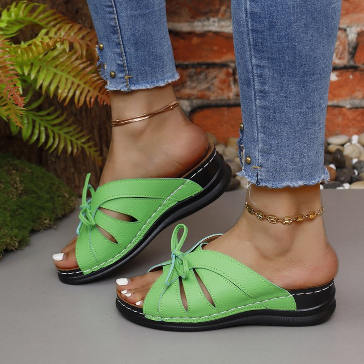 Tied Open Toe Low Heel Sandals - Luxe4Everyday Neon Green / 36(US5) Shoes