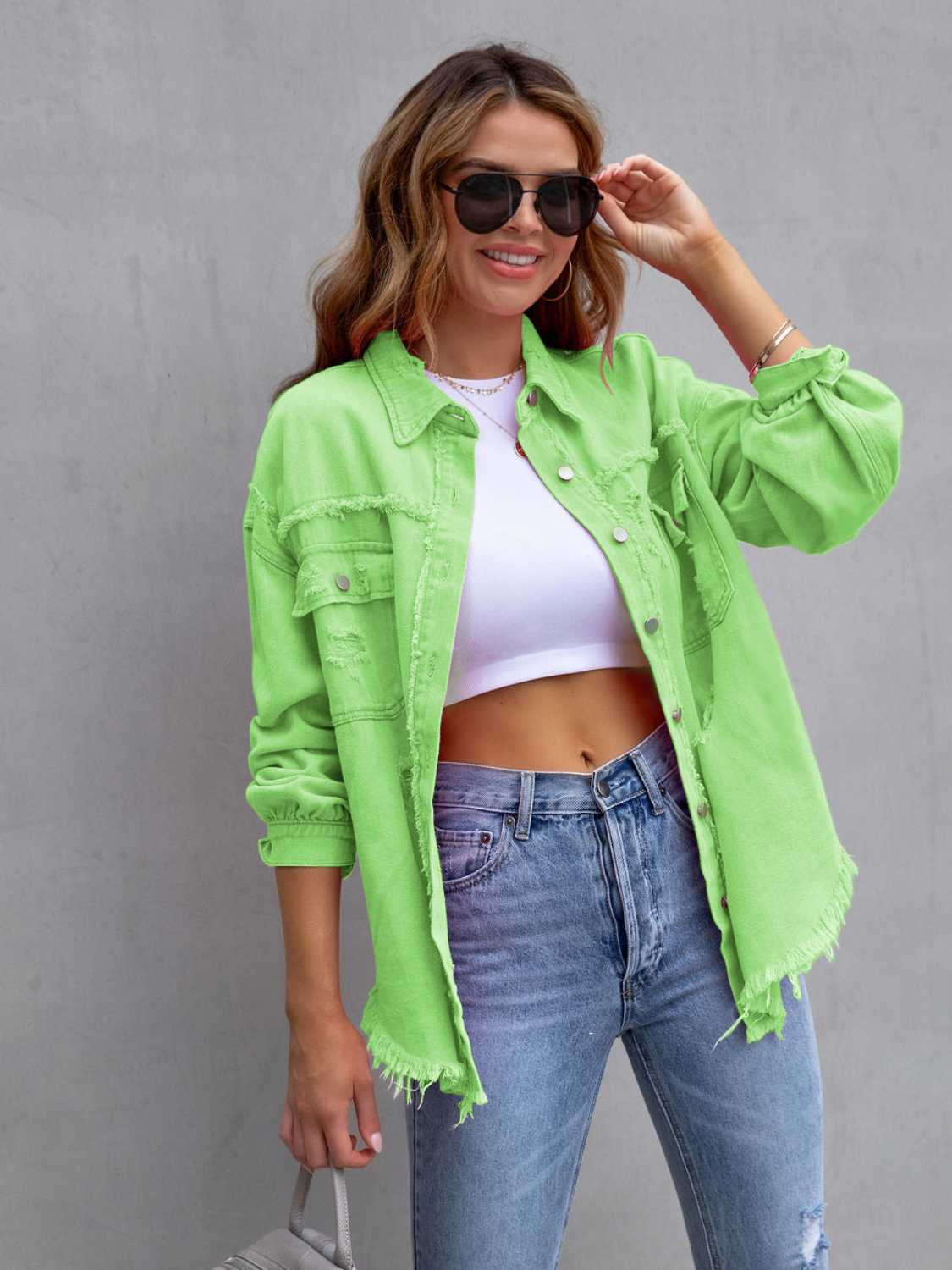 Distressed Drop Shoulder Denim Jacket - Luxe4Everyday Lime / S Jacket