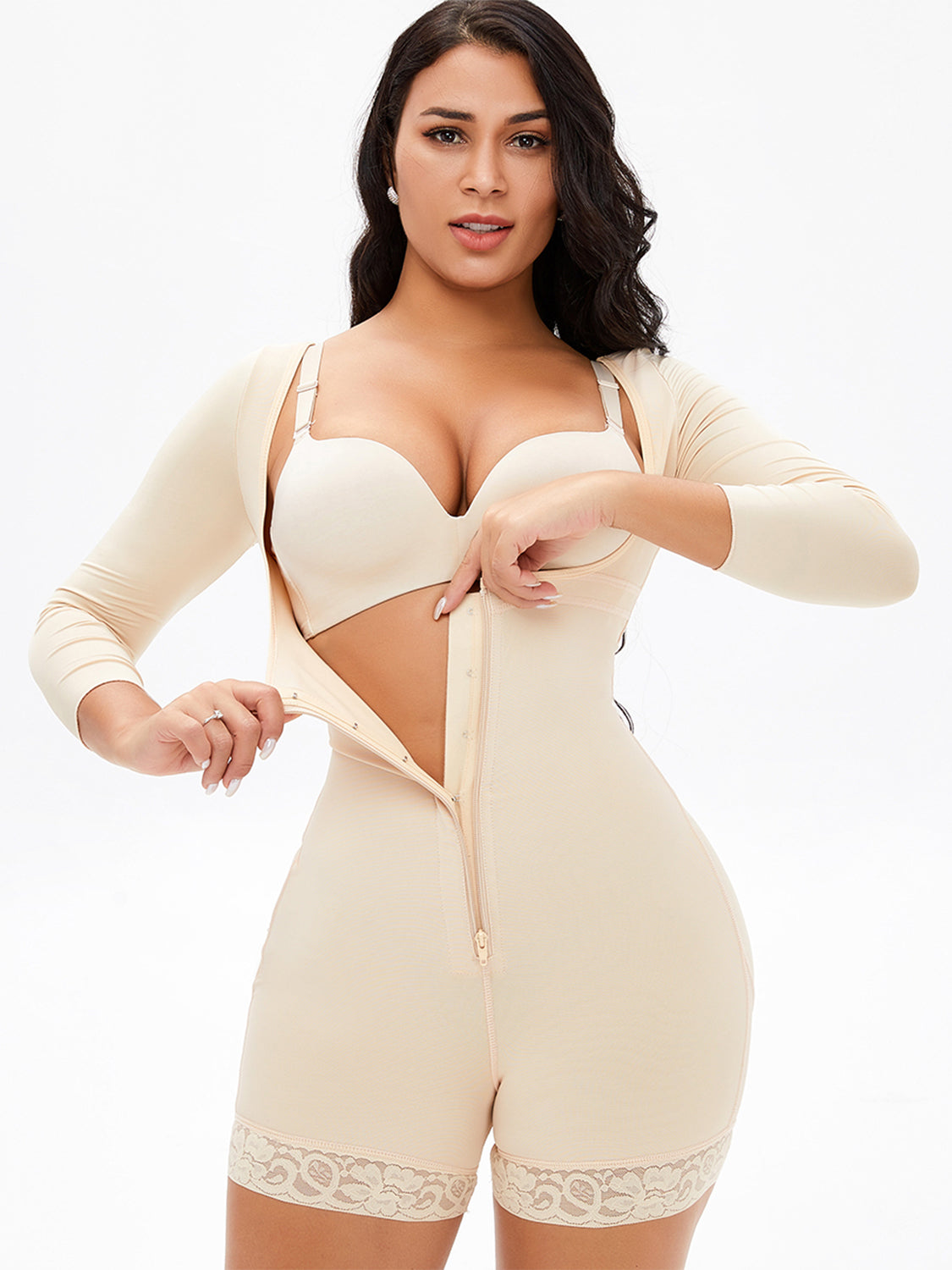 Full Size Zip Up Lace Detail Long Sleeve Shapewear - Luxe4Everyday Shapewear