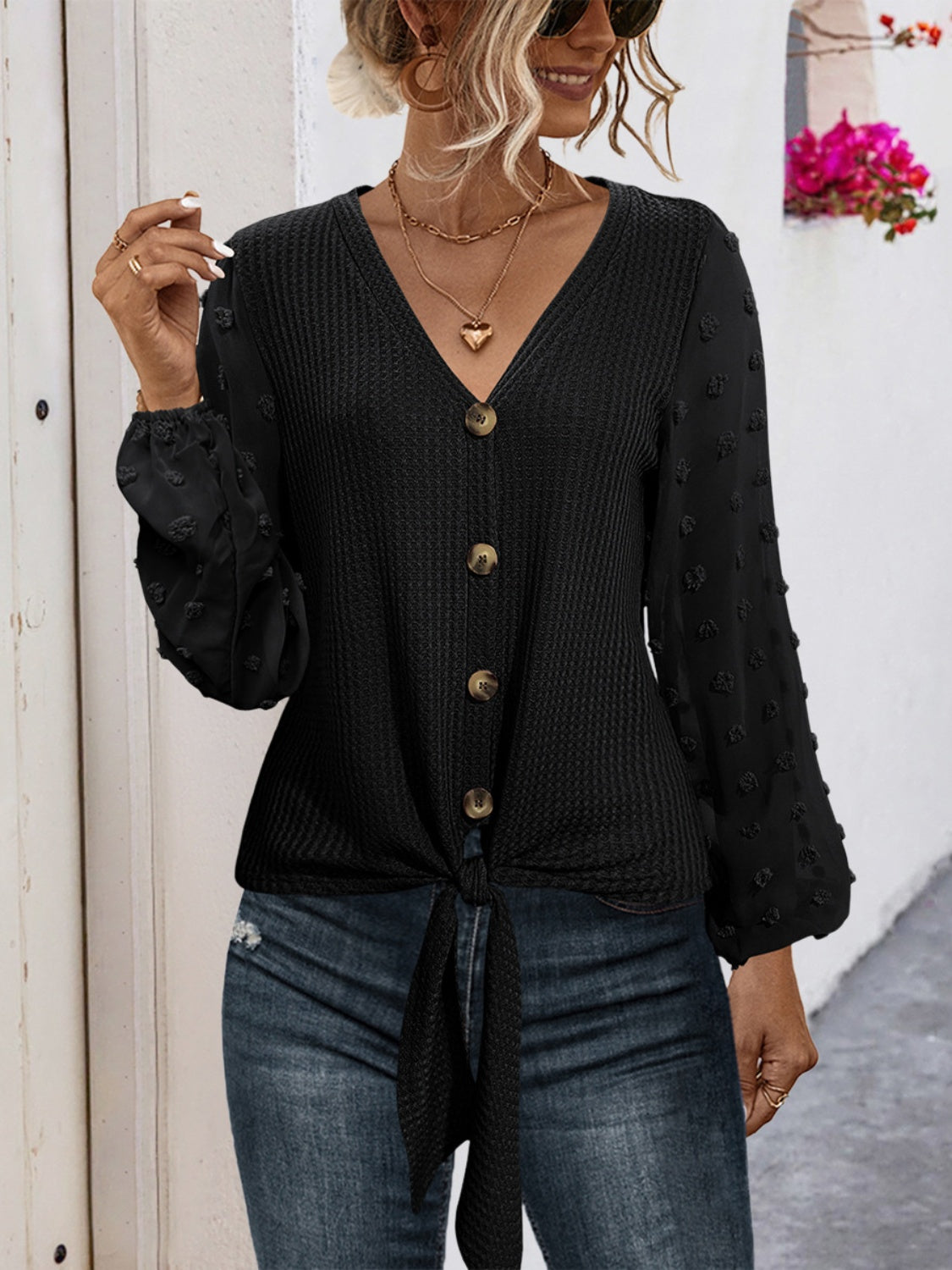 Tied Swiss Dot V-Neck Long Sleeve Blouse - Luxe4Everyday Black / S Shirt