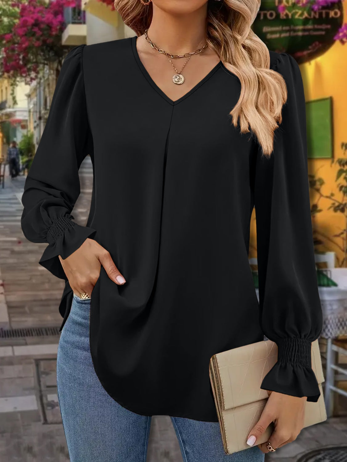 V-Neck Flounce Sleeve Blouse - Luxe4Everyday Black / S Shirt