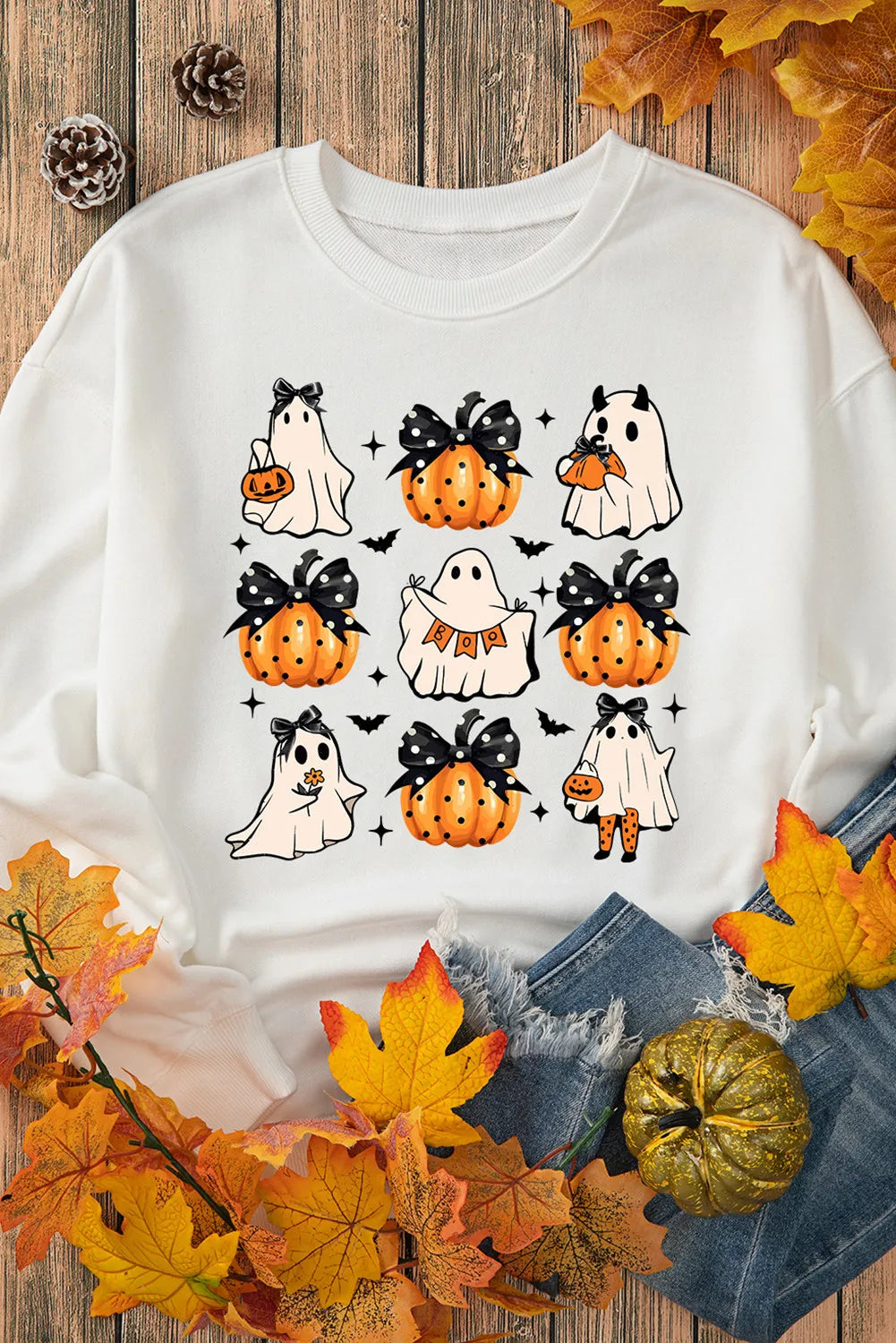 Pumpkin & Ghost Round Neck Long Sleeve Sweatshirt - Luxe4Everyday Sweatshirt