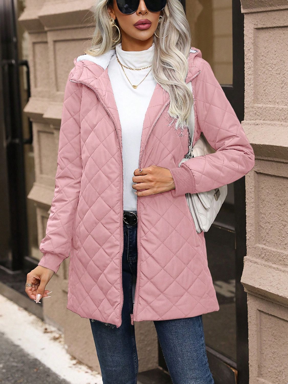 Quilted Zip Up Hooded Jacket with Pockets - Luxe4Everyday Dusty Pink / XXS Coat