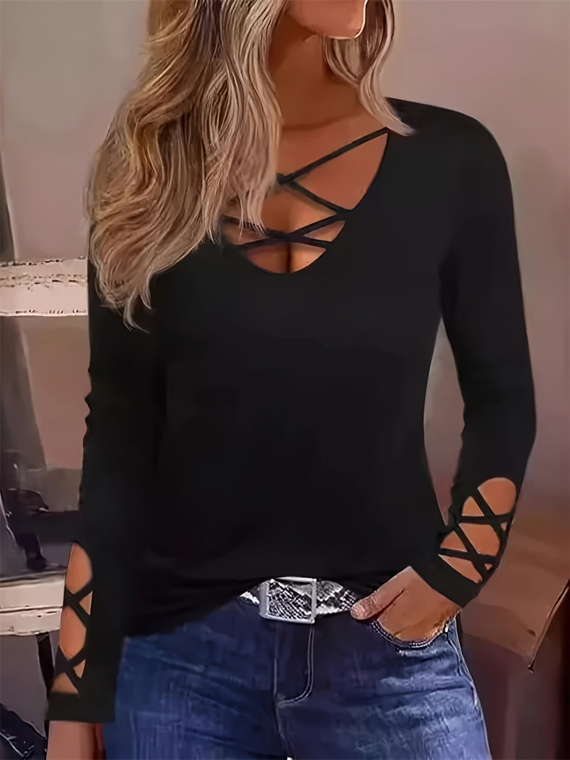 Cutout Crisscross Long Sleeve T-Shirt - Luxe4Everyday Black / S Shirts