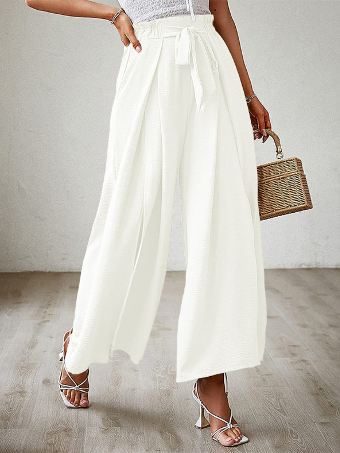 Tied Slit Wide Leg Pants - Luxe4Everyday White / S Pants