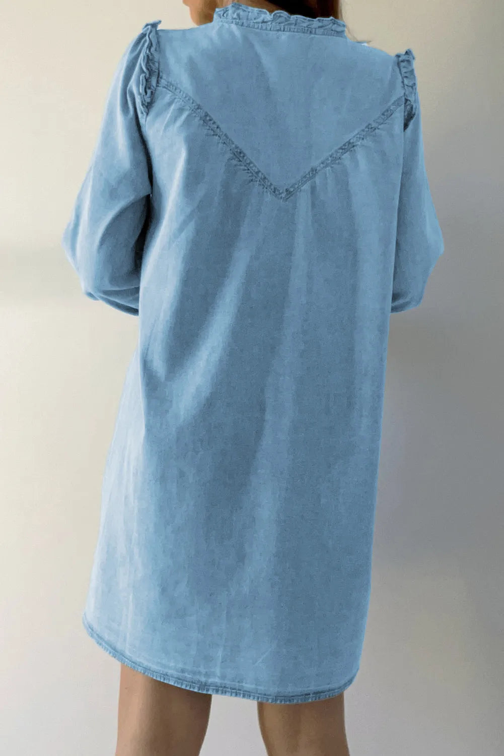 Button Up Notched Long Sleeve Denim Dress - Luxe4Everyday Dress