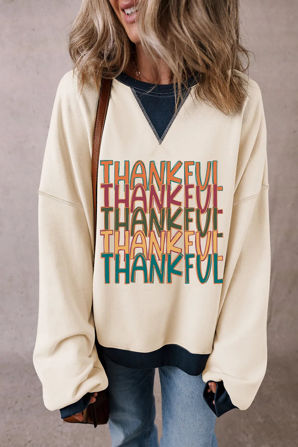 THANKFUL Round Neck Long Sleeve Sweatshirt - Luxe4Everyday Ivory / S Sweatshirt