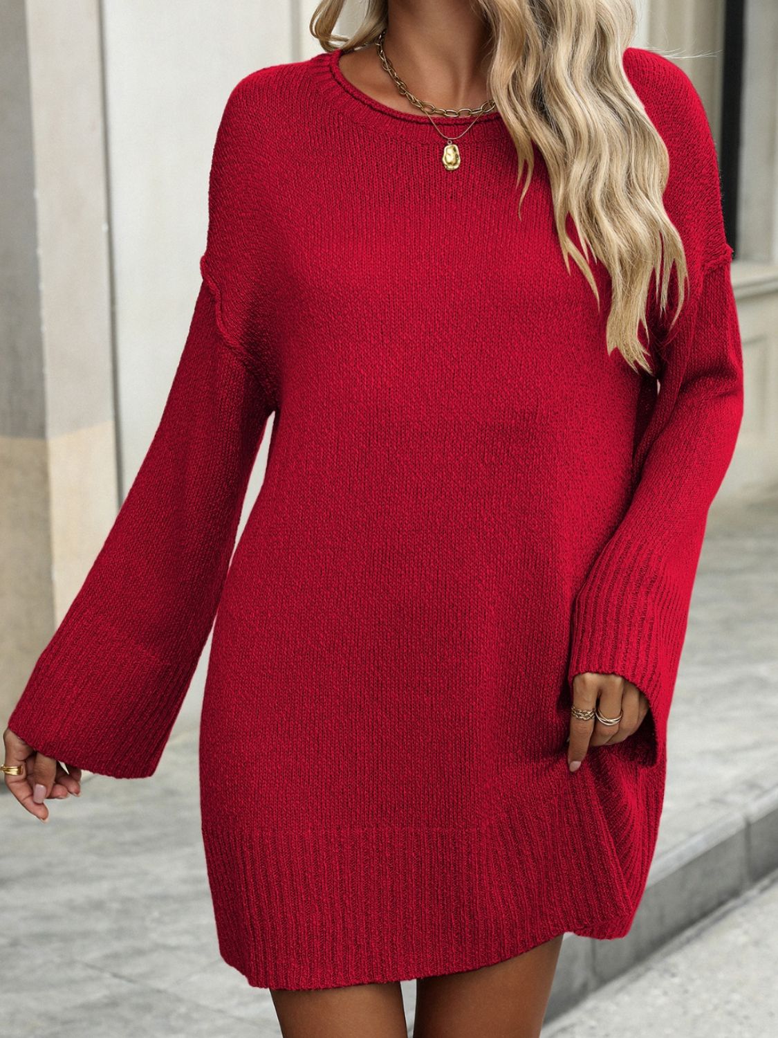 Round Neck Dropped Shoulder Sweater - Luxe4Everyday Sweater